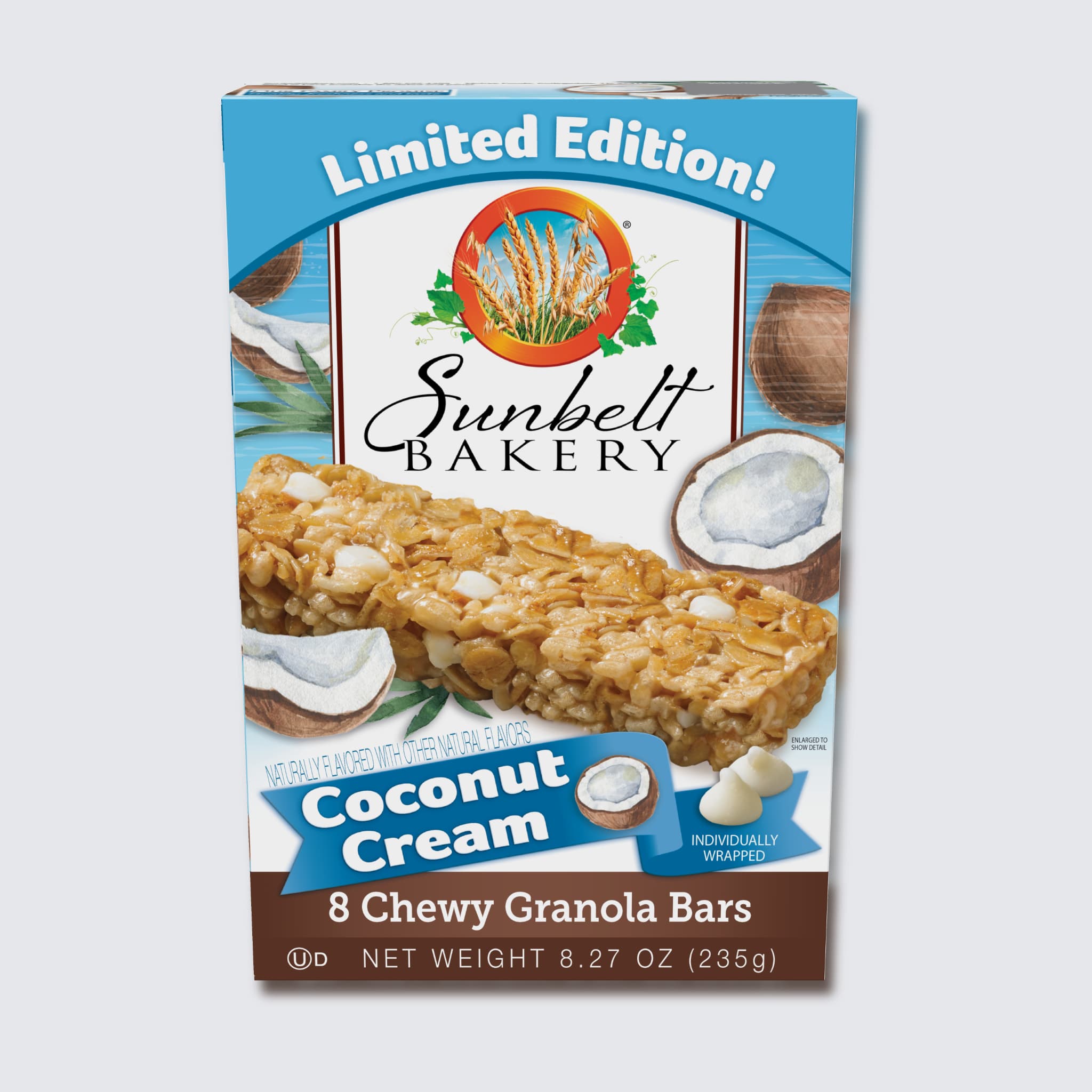 Packaging of Sunbelt Bakery Coconut Cream Chewy Granola Bars. The box features the Sunbelt Bakery logo at the top with a colorful illustration of wheat. The text 'Limited Edition!' is displayed in a blue banner above the logo. The main image shows a close-up of a chewy granola bar. The bottom section highlights 'Coconut Cream' in bold text with an image of a halved coconut. The box contains 8 chewy granola bars, with a net weight of 8.27 oz (235g), and indicates that each bar is individually wrapped.
