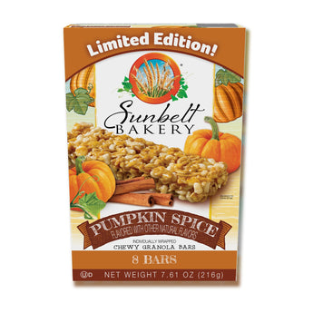 Image of a box of Sunbelt Bakery Pumpkin Spice Chewy Granola Bars. The packaging is marked as "Limited Edition!" and features warm autumn colors with images of pumpkins and cinnamon sticks. The box contains 8 individually wrapped bars, each weighing 7.61 ounces (216 grams). The product branding, including the Sunbelt Bakery logo, is prominently displayed at the top of the box.