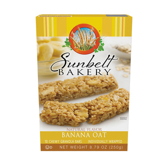 Packaging for Sunbelt Bakery's Banana Oat Chewy Granola Bars, featuring the product against a yellow background with a stripe design. The box has an image of two chewy granola bars. Above the bars, the Sunbelt Bakery logo is displayed with an image of wheat stalks in a circle. The box states 'Natural Flavor', '10 Chewy Granola Bars', 'Individually Wrapped', and the net weight of 8.79 oz (250g).