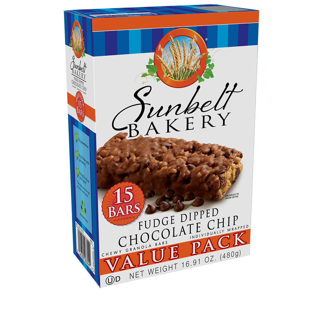 Sunbelt Bakery Fudge Dipped Chocolate Chip Chewy Granola Bars Value Pack, with a blue and orange stripe design on the top. The box displays fudge-covered granola bars and a '15 Bars' badge on the front. The Sunbelt Bakery logo with a wheat sheaf graphic is featured prominently. The side panel denotes 'Value Pack', 'Individually Wrapped', and the net weight is 16.91 oz (480g).