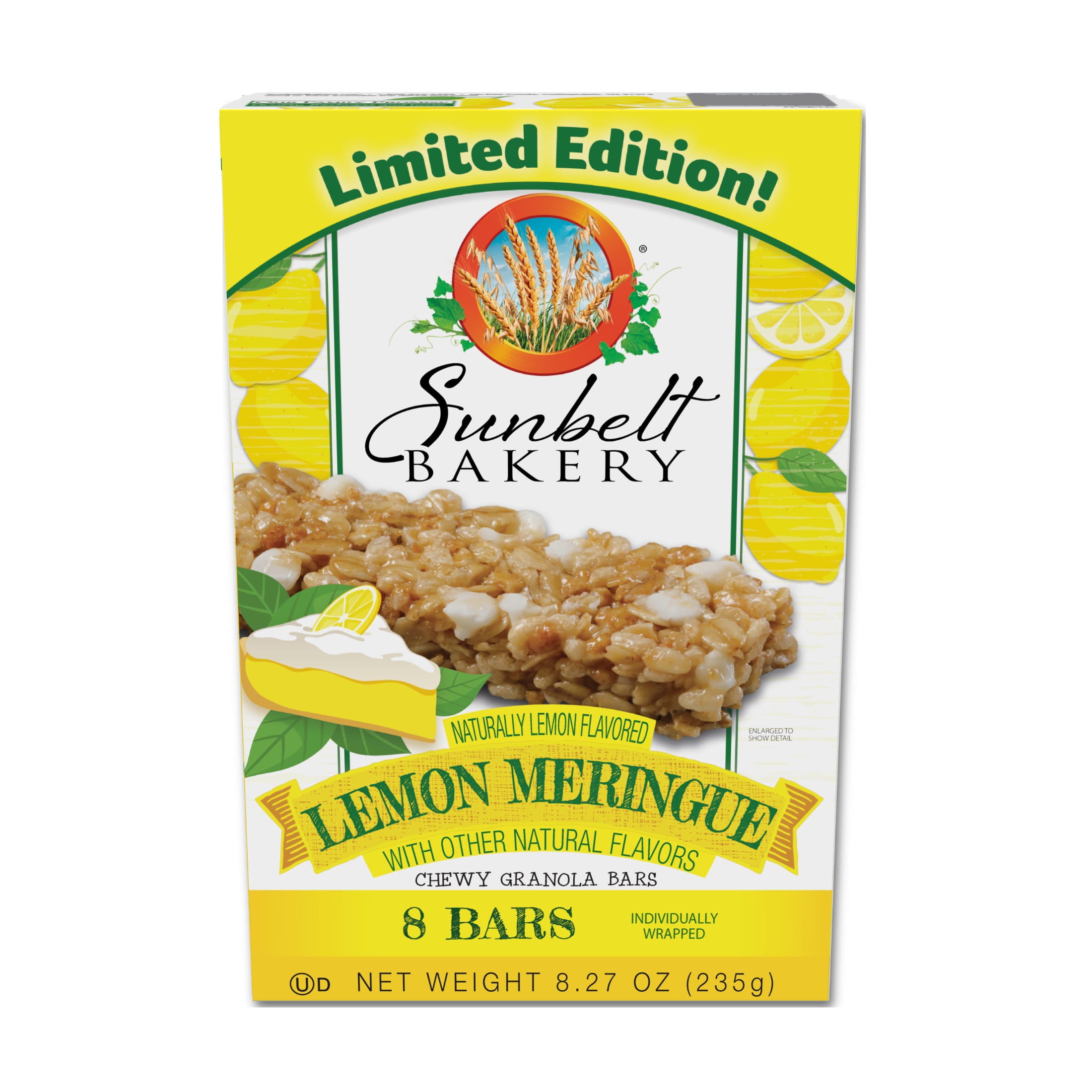 Image of a 'Limited Edition' Sunbelt Bakery Lemon Meringue flavored chewy granola bars box. The box's background is white and yellow, featuring the Sunbelt Bakery logo. Below the logo is an image of a chewy granola bar, set against a bright yellow backdrop with lemon slice illustrations. 'Naturally Lemon Flavored' is written above 'Lemon Meringue with other natural flavors.' The product promises '8 BARS' that are 'Individually Wrapped,' with a net weight of '8.27 OZ (235g)' displayed at the bottom.