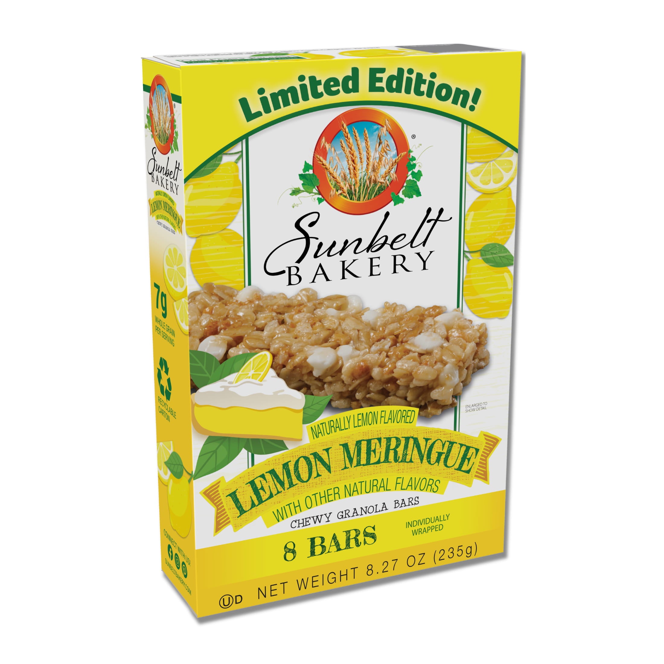 Image of a 'Limited Edition' Sunbelt Bakery Lemon Meringue flavored chewy granola bars box. The box is predominantly yellow with white and green accents. An appetizing image of the granola bar is front and center. The flavor 'Naturally Lemon Flavored' is noted above the 'Lemon Meringue with other natural flavors' label. The package includes '8 BARS' that are 'Individually Wrapped.' The bottom of the box specifies the net weight as '8.27 OZ (235g).' 