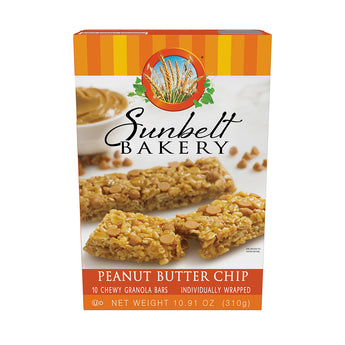 Box of Sunbelt Bakery Peanut Butter Chip Chewy Granola Bars, with an orange stripe design at the top. The box features images of to granola bars with peanut butter chips scattered throughout. The Sunbelt Bakery logo is displayed at the top with an illustration of wheat stalks. The box details '10 Chewy Granola Bars', 'Individually Wrapped', and a net weight of 10.91 oz (310g).