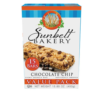 Value Pack box of Sunbelt Bakery Chocolate Chip Chewy Granola Bars, with blue and orange stripes on top. The front of the box shows the granola bars with chocolate chips. There's a red badge stating '15 Bars'. The Sunbelt Bakery logo with wheat imagery is at the top. The package is labeled 'Value Pack', 'Individually Wrapped', and has a net weight of 15.85 oz (450g).