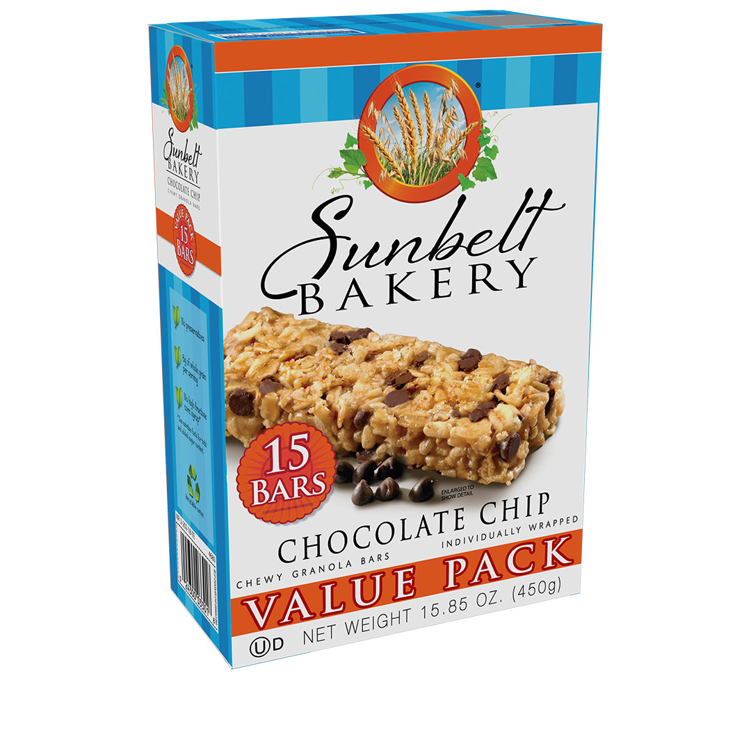 Sunbelt Bakery Chocolate Chip Chewy Granola Bars Value Pack, featuring a blue and orange stripe pattern on top. The box side shows a close-up of the granola bars with chocolate chips and a '15 Bars' badge. The packaging is marked 'Value Pack', 'Individually Wrapped', and the net weight is noted as 15.85 oz (450g). The Sunbelt Bakery logo with a wheat sheaf is displayed prominently at the top of the box.