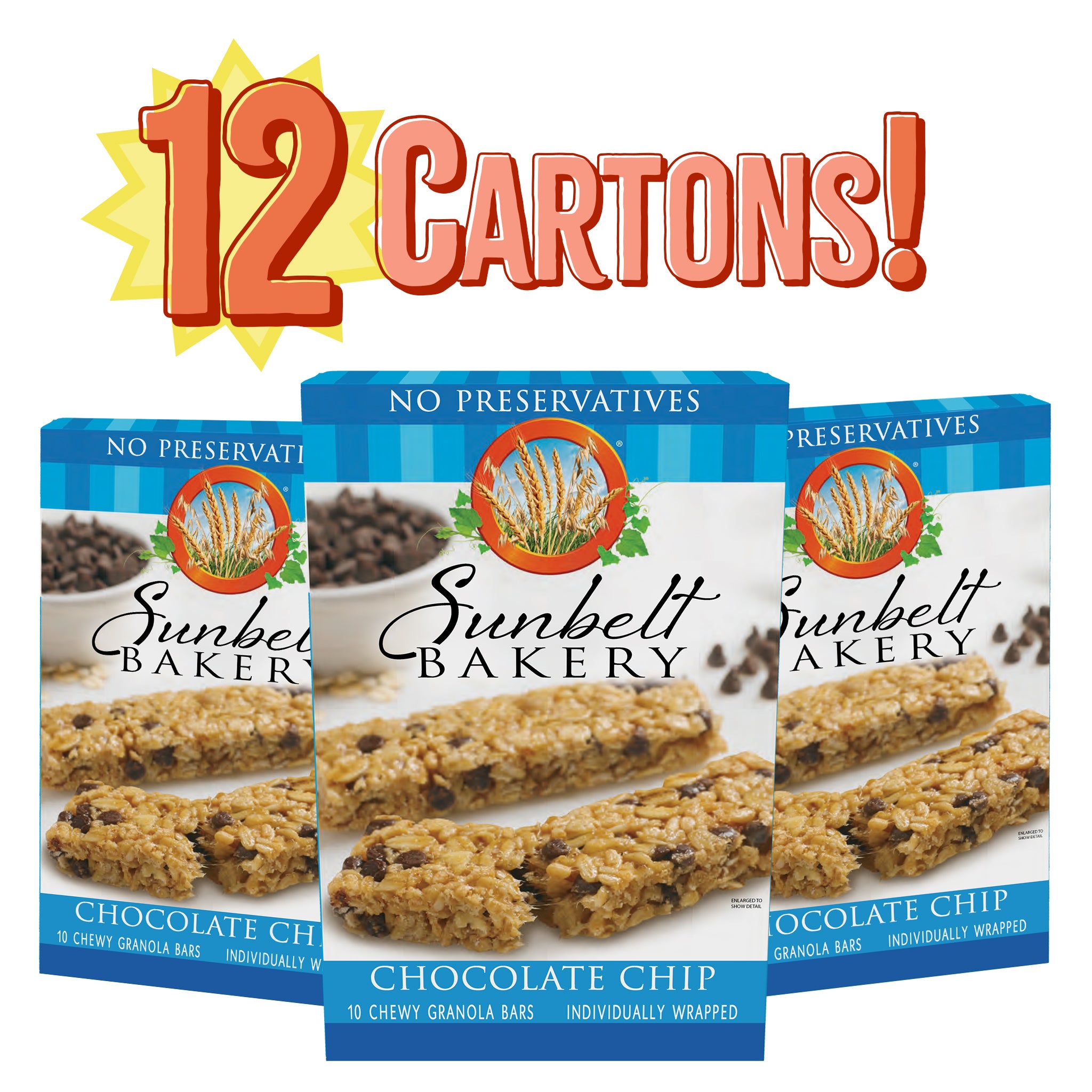 Product image for Sunbelt Bakery featuring three cartons of Sunbelt Bakery Chocolate Chip Chewy Granola Bars. The packaging highlights 'No Preservatives' and showcases the granola bars filled with chocolate chips. Above the cartons is a bright graphic exclaiming '12 CARTONS!'. Each carton indicates there are 10 individually wrapped bars inside.